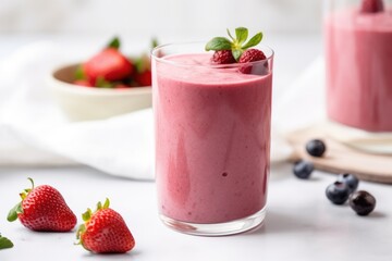 glass mug filled with a creamy berry smoothie