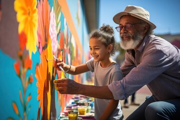 grandfather granddaughter volunteers painting vibrant mural on sunny urban wall - obrazy, fototapety, plakaty