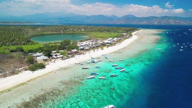 Amazing aerial view of Gili Meno coastline on a sunny day, Indonesia