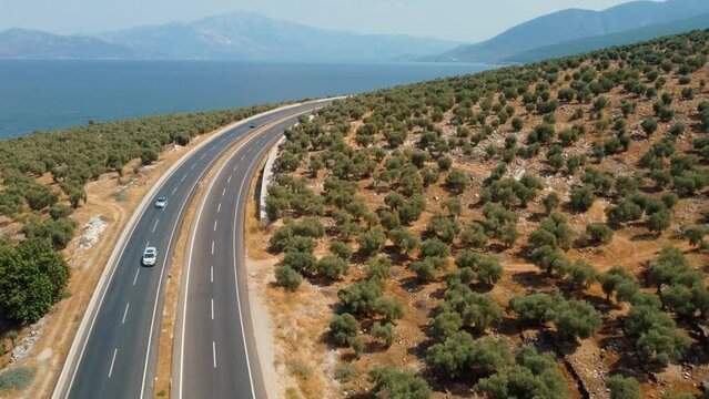 Road trips during holiday season. Cars drive along asphalt mountain road along clean river, sea, ocean and green summer forest. Aerial view from drone. Traveling by road. Bafa Lake