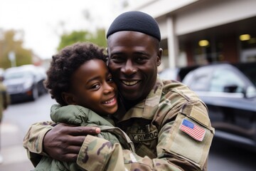 black military man embraces son as he is welcomed home - obrazy, fototapety, plakaty