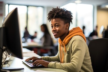 black student using computer in classroom