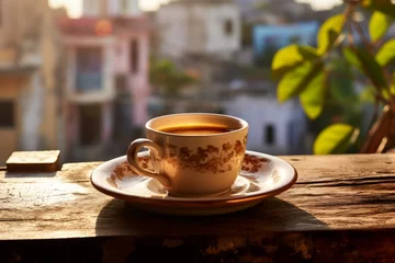 Fototapeten A rich, aromatic cup of Cuban coffee served in a traditional tin mug, sitting atop an old wooden table, with a backdrop of a vibrant Havana street scene © aicandy
