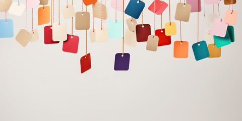 Multi-colored price tags in the air on neutral background , concept of Vibrant merchandise