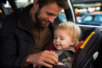 mid adult man fastening safety belt on baby daughters car seat