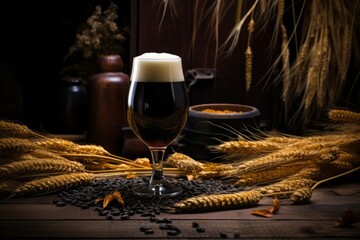 A frothy pint of dark stout beer sitting on a rustic wooden table, surrounded by hops and barley with a backdrop of an old-fashioned brewery - obrazy, fototapety, plakaty