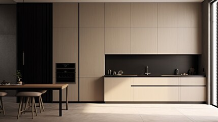 A minimalist kitchen concealing a hidden refrigerator within sleek, seamless cabinetry.