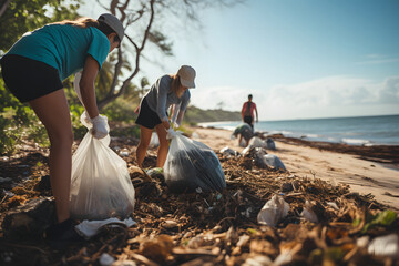 Young people cleaning the beach of waste and plastic - obrazy, fototapety, plakaty