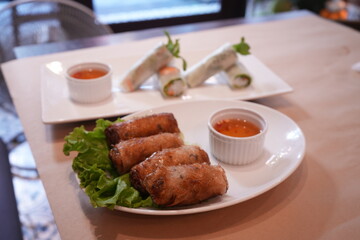 Deep Fried Spring Rolls with Green Vegetable and white plate - 春巻き