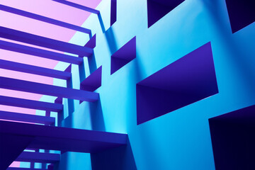 Abstract background in bold turquoise, purple and azure. Geometric shapes, waves.