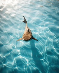 aerial view of a black tipped baby shark cruising along the beach lagoon near maafushi island, maafushi, kaafu atoll, .