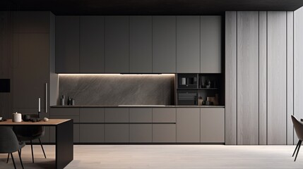 A minimalist kitchen with seamlessly integrated appliances and clever concealed storage.