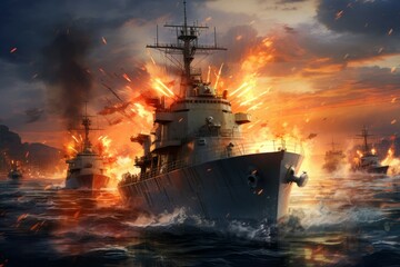Modern military ship attacking fleet. Water royal. Generate Ai - obrazy, fototapety, plakaty