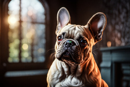 AI generated image of a cute small dog, French bulldog, Frenchie, posing and playing.