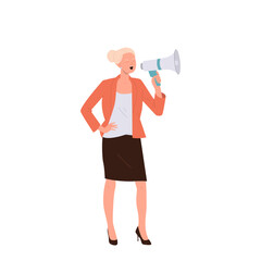 Fototapeta premium Young woman protester cartoon office worker or executive manager character shouting in megaphone