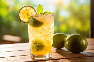 A refreshing glass of homemade passionfruit soda, garnished with a slice of lime, served on a rustic wooden table under the warm afternoon sunlight