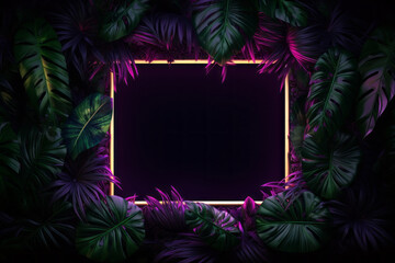 Fototapeta na wymiar Creative fluorescent color layout made of tropical leaves with neon light vintage frame. Flat lay. Nature concept.
