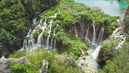 Popular tourist attraction Plitvice Lakes National Park in Croatia. Mountain landscape with streams...
