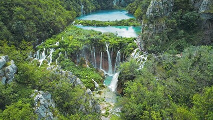 Summer landscape with waterfalls in Plitvice Lakes National Park Croatia. Mountain landscape with...