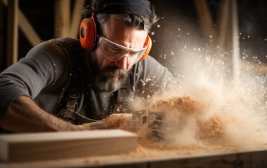 Carpenter blowing sawdust from wooden plank