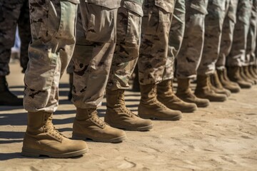 Fototapeta premium Soldiers legs boots uniform. Shoes company. Generate Ai