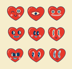 Groovy lovely hearts stickers. Love concept. Happy Valentines day. Funky happy heart character in trendy retro 60s 70s cartoon style. Vector illustration in red colors.