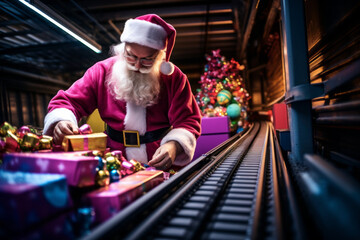 Santa Claus is packing gift boxes on a conveyor belt in the gift factory. Concept of winter holidays, Christmas and New Year. Happiness, giving, family.