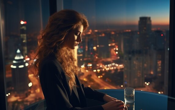 Successful Business Woman In A Stylish Suit Working In An Office On The Top Floor Overlooking The Night City.