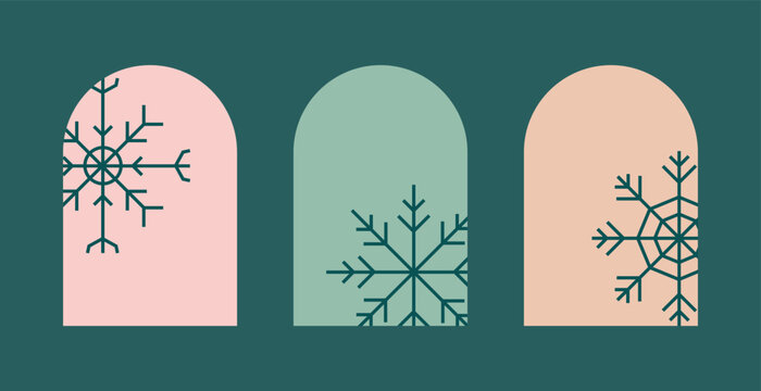 Merry Christmas, Happy New Year set of greeting cards, posters, holiday banner. Simple Xmas festive templates with line snowflake