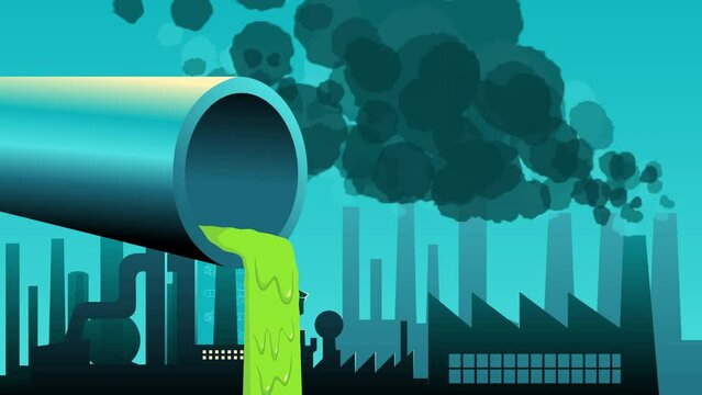 Motion graphic showing a waste pipe emitting green liquid from factories, symbolises the detrimental effects of pollution and improper waste disposal, the urgency of addressing pollution issues