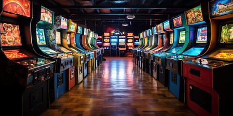 Rows of old arcade machines , concept of Nostalgic gaming - obrazy, fototapety, plakaty