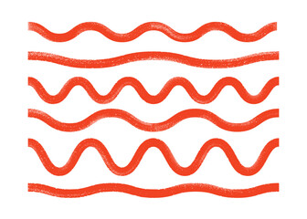 Bold curly lines, red waves set. Vector illustration with textored strokes