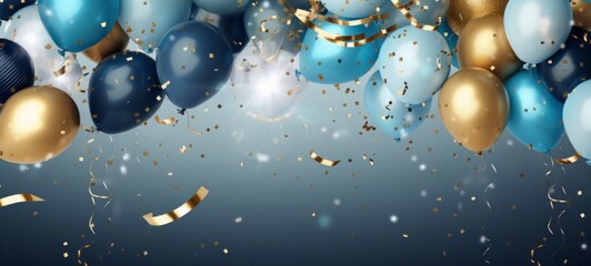 Holiday celebration background with golden silver and blue balloons. Banner - obrazy, fototapety, plakaty