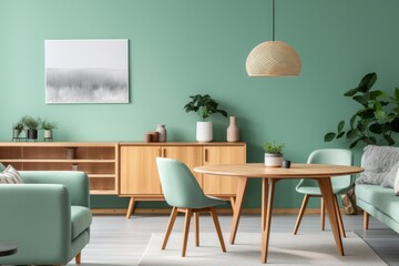 Mint color chairs at round wooden dining table in the living room