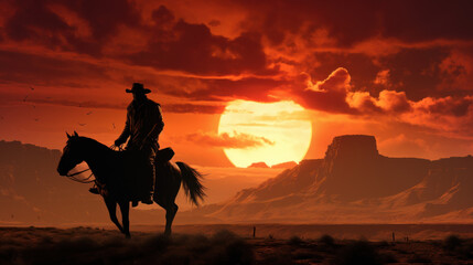 Silhouette of Cowboy riding horse at sunset - obrazy, fototapety, plakaty