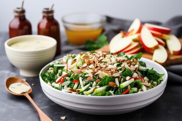 apple and almond salad next to a bowl of dressing
