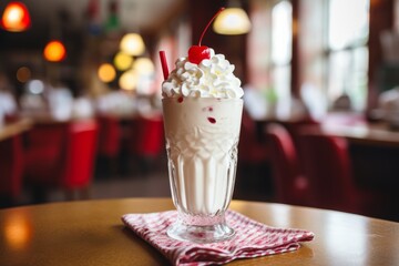A tall glass of creamy vanilla milkshake topped with whipped cream and a cherry, sitting on a vintage diner table with a red and white checkered tablecloth