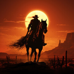 Silhouette of Cowboy riding horse at sunset