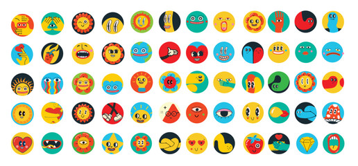 Groovy hippie love round icons set. Comic happy retro faces, geometric stickers, characters in trendy retro 60s 70s cartoon style. Vintage vector illustrations.