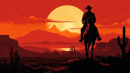 Gartenposter Rouge 2 Silhouette of Cowboy riding horse at sunset