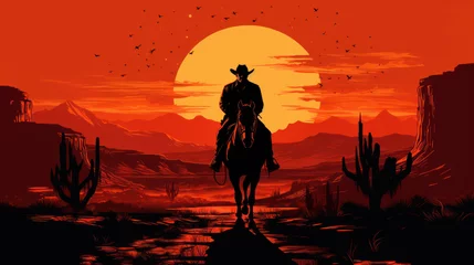 Poster Silhouette of Cowboy riding horse at sunset © pariketan