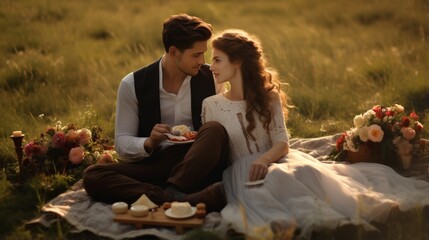 A bride and groom having a picnic in a meadow on their wedding day