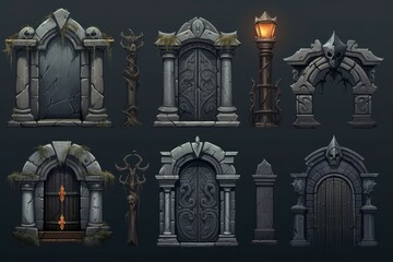 Vampire gate game asset with arch. Movie wall. Generate Ai - obrazy, fototapety, plakaty