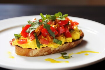 Fototapeta na wymiar the profile of a bruschetta with scrambled eggs, topped with roasted bell peppers