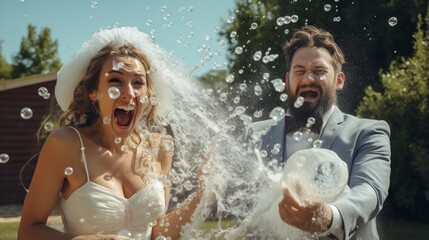 A bride and groom having a playful water balloon fight in their wedding attire