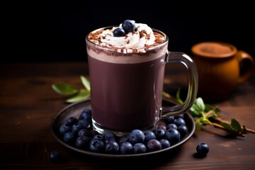 A beautifully presented blueberry and chocolate latte, garnished with fresh blueberries and a dusting of cocoa, served in a clear glass mug on a rustic wooden table
