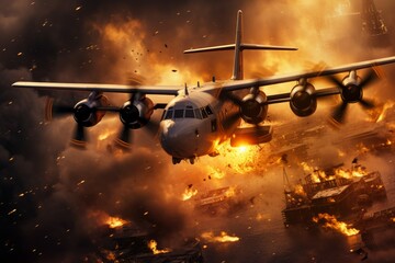 Military plane flying splashes fire. Force air. Generate Ai - obrazy, fototapety, plakaty