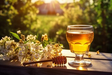 A beautifully presented glass of golden mead, surrounded by fresh honeycomb and wildflowers on a rustic wooden table in the soft glow of a summer afternoon - obrazy, fototapety, plakaty