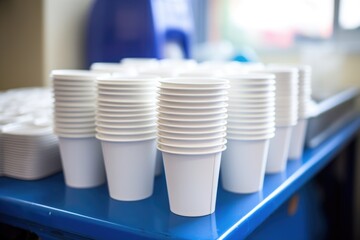 a freshly filled water cooler with paper cups