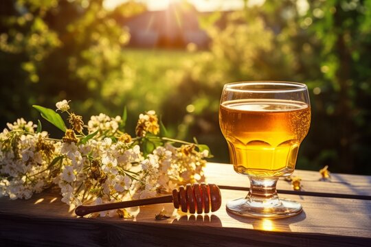 A beautifully presented glass of golden mead, surrounded by fresh honeycomb and wildflowers on a rustic wooden table in the soft glow of a summer afternoon